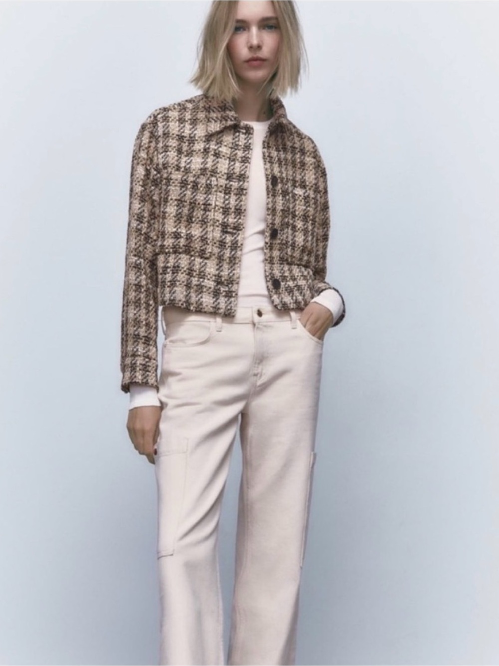Zara Brown and Cream Tweed Cropped Jacket